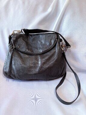 Margot New York Black Leather Fold-Over Crossbody Hobo Bag